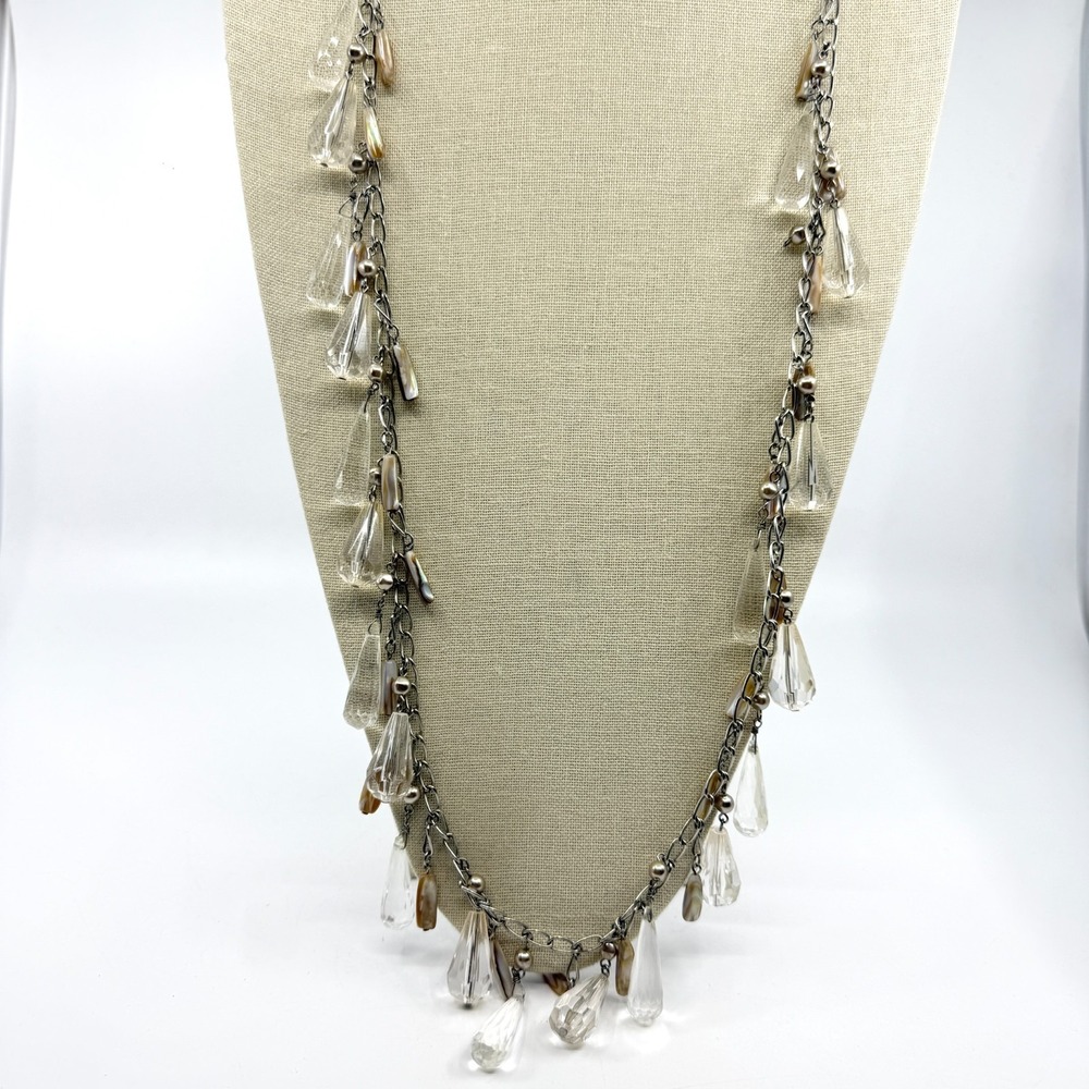 New York & Co Statement Necklace Clear Teardrop Bead Silver Tone Chain Layering